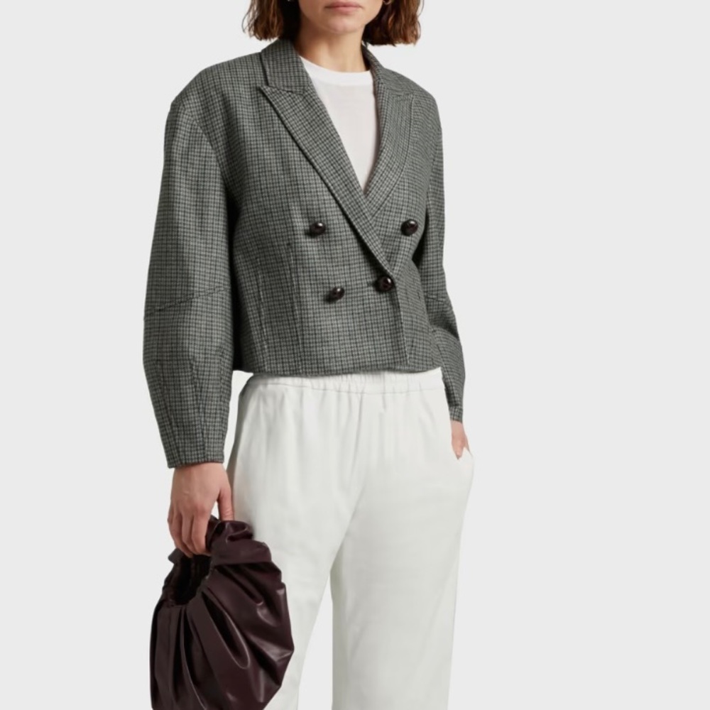 Veronica Beard Sybille Houndstooth Cropped Double Breasted Blazer